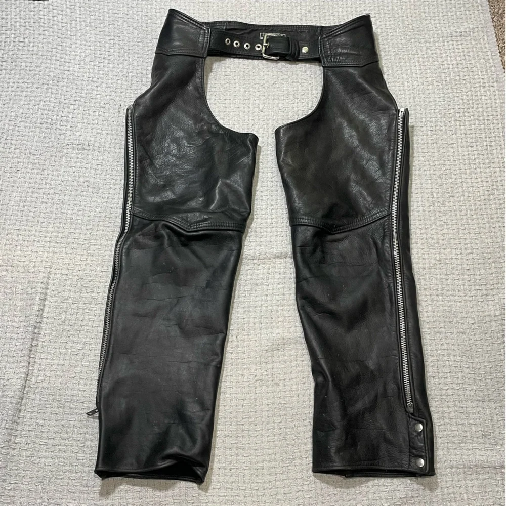 Vintage California Creations Black Leather Chaps Riding Pants Motorcycle Mens L